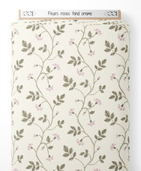 Tissu - Fleurs roses sur fond crème