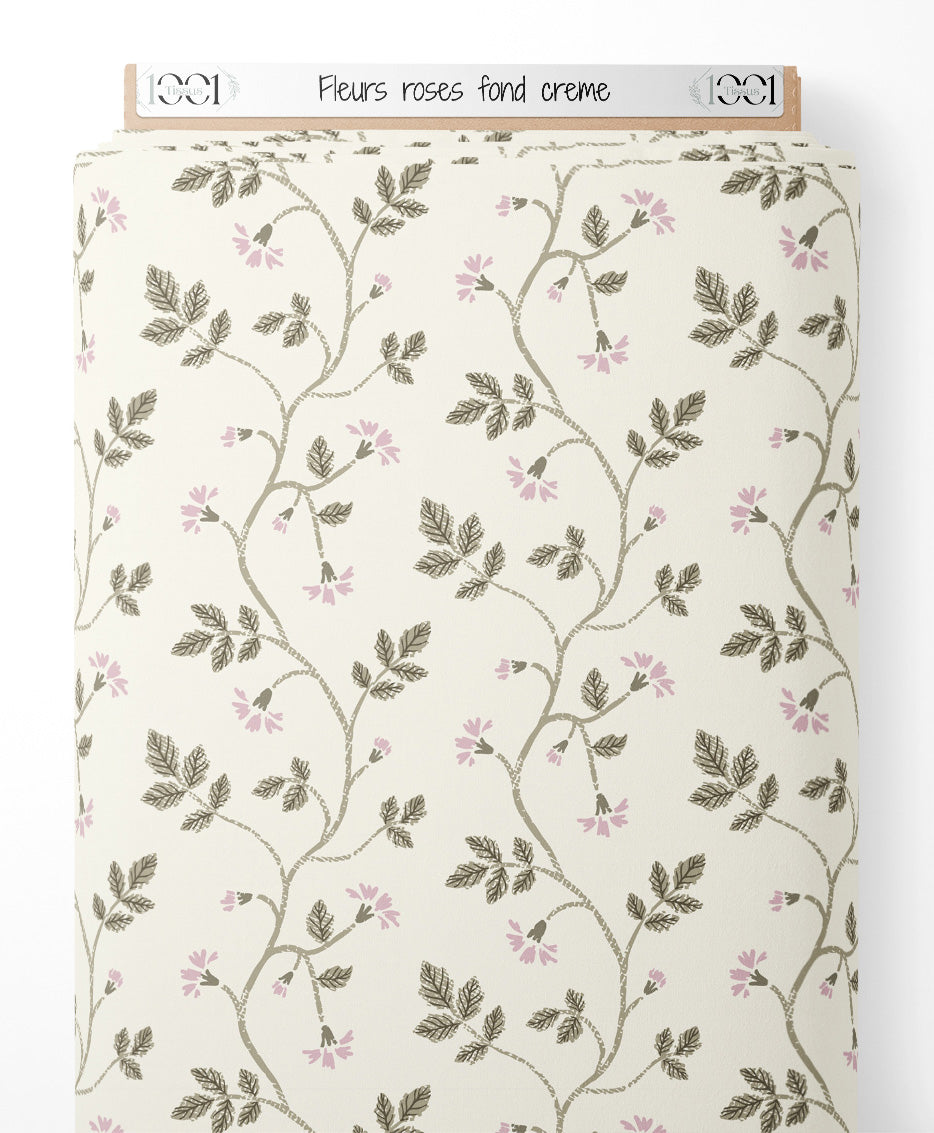 Tissu - Fleurs roses sur fond crème