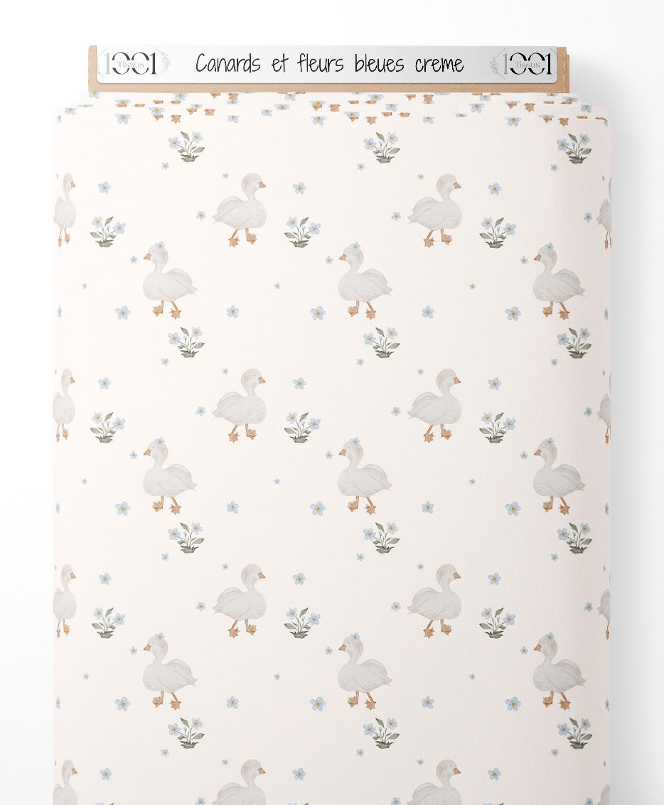 Tissu - Canards et fleurs bleues crème