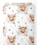 Tissu - Vaches et fleurs sur fond blanc