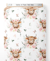 Tissu - Vaches et fleurs sur fond blanc
