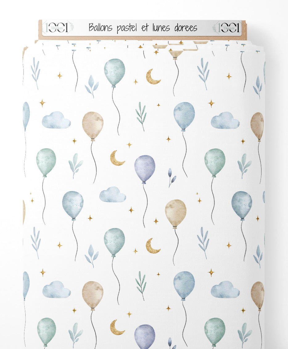 Tissu - Ballons pastel et lunes dorées