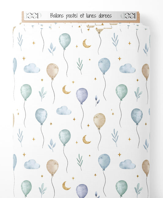 Tissu - Ballons pastel et lunes dorées