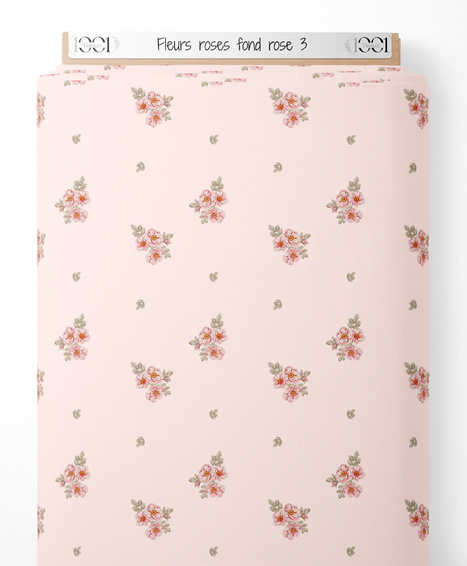 Tissu - Fleurs roses sur fond rose 3