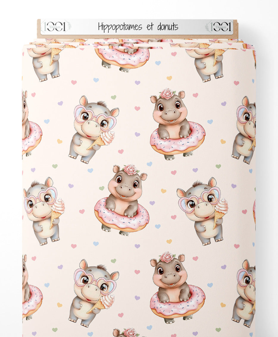 Tissu - Hippopotames et donuts