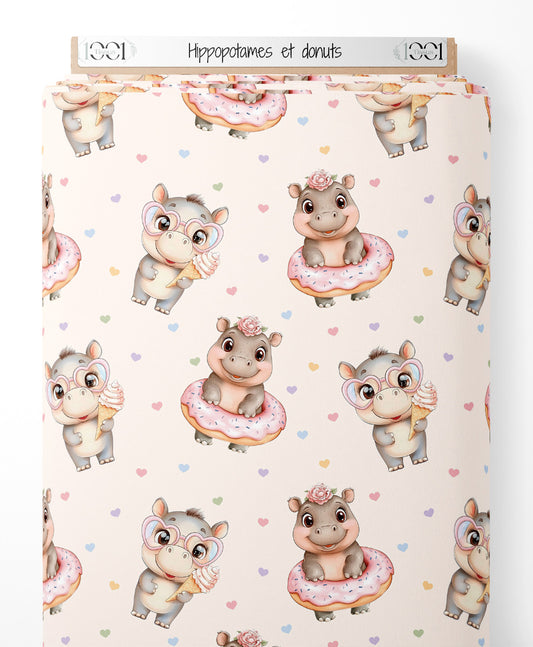 Tissu - Hippopotames et donuts