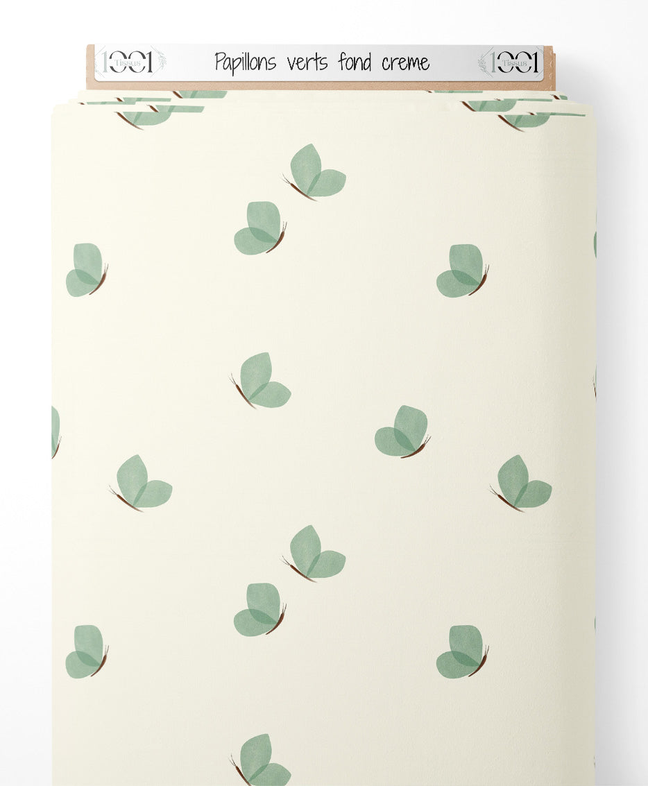 Tissu - Papillons verts sur fond crème