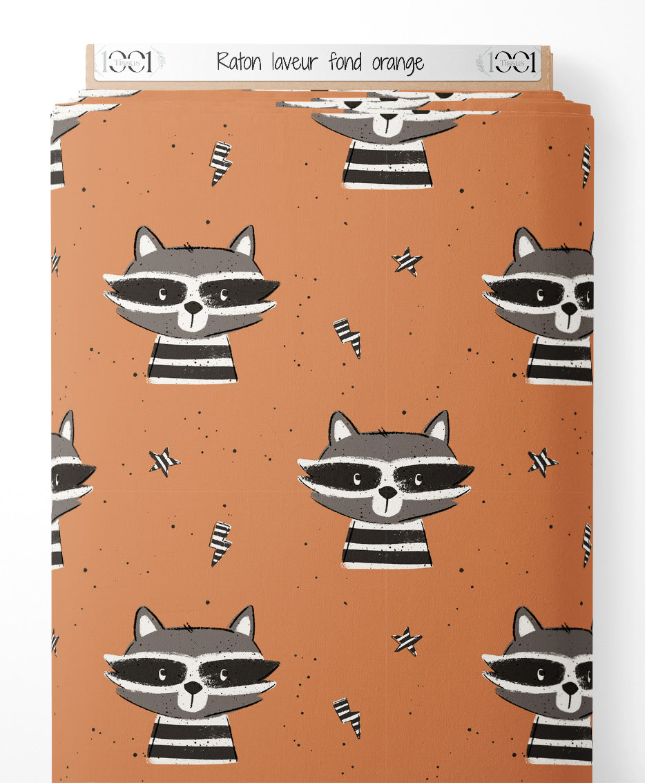 Tissu - Raton laveur sur fond orange