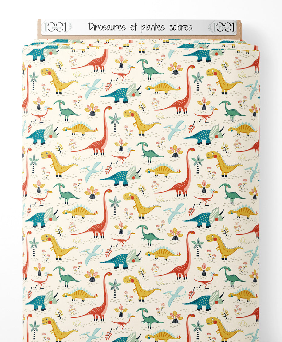 Tissu - Dinosaures et plantes colorés