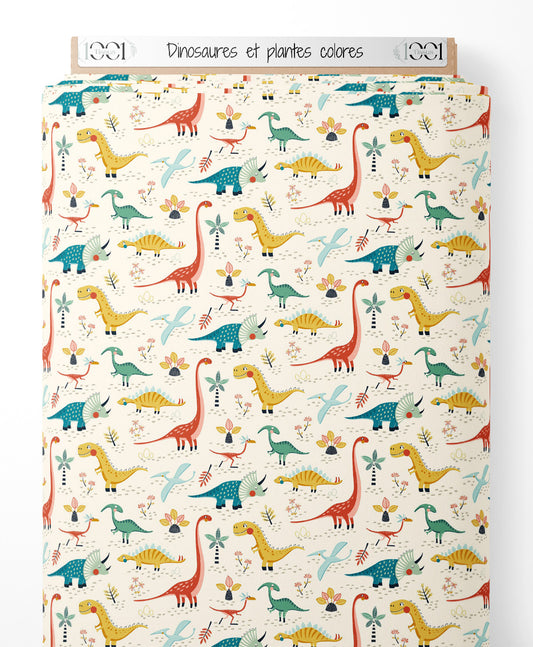 Tissu - Dinosaures et plantes colorés