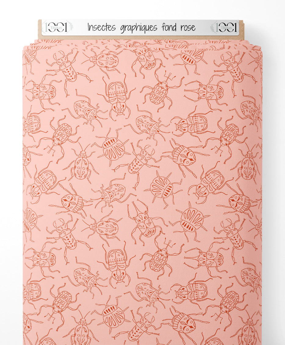 Tissu - Insectes graphiques sur fond rose