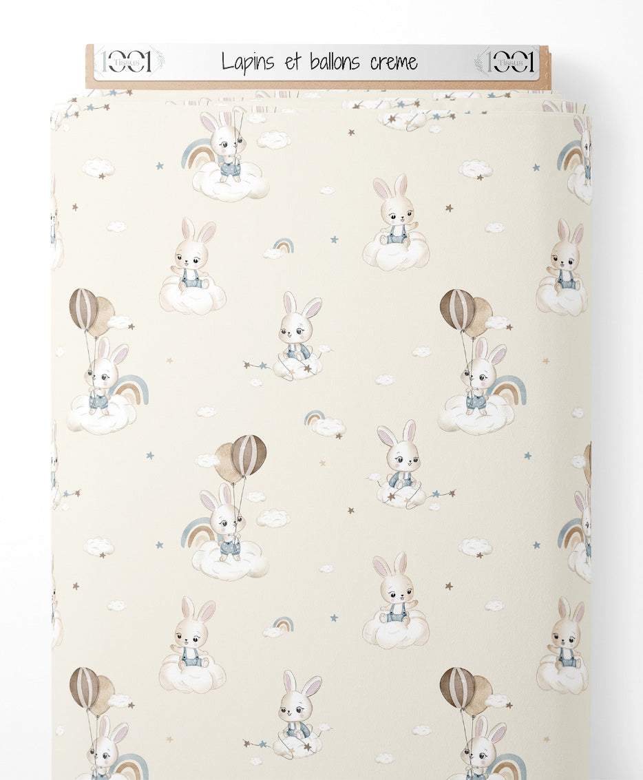 Tissu - Lapins et ballons crème