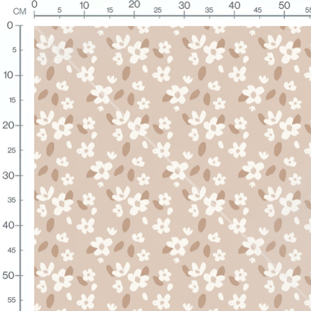 Tissu - Fleurs blanches et formes marron