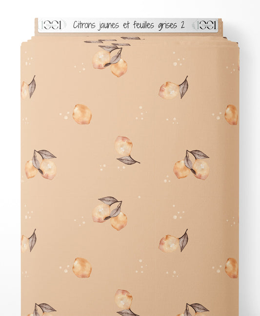 Tissu - Citrons jaunes et feuilles grises 2