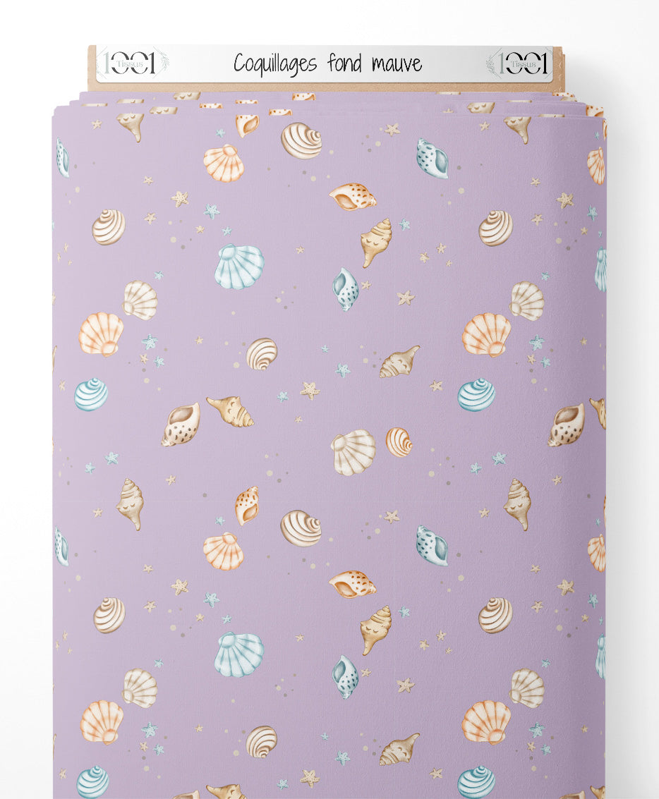 Tissu - Coquillages sur fond mauve