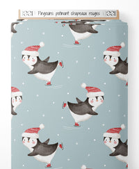 Tissu - Pingouins patinant chapeaux rouges