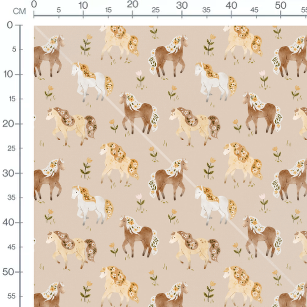 Tissu - Chevaux fleuris sur beige 2