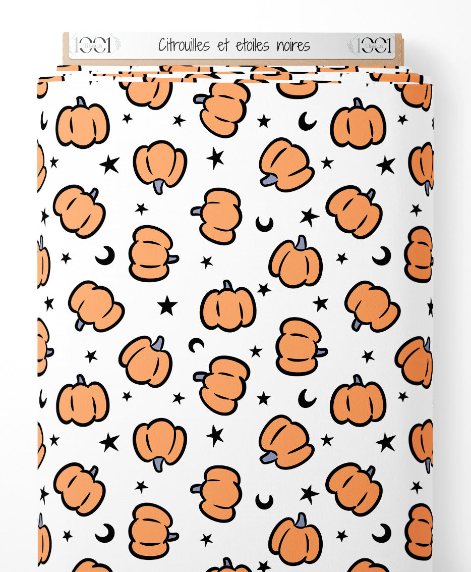 Tissu - Citrouilles et étoiles noires