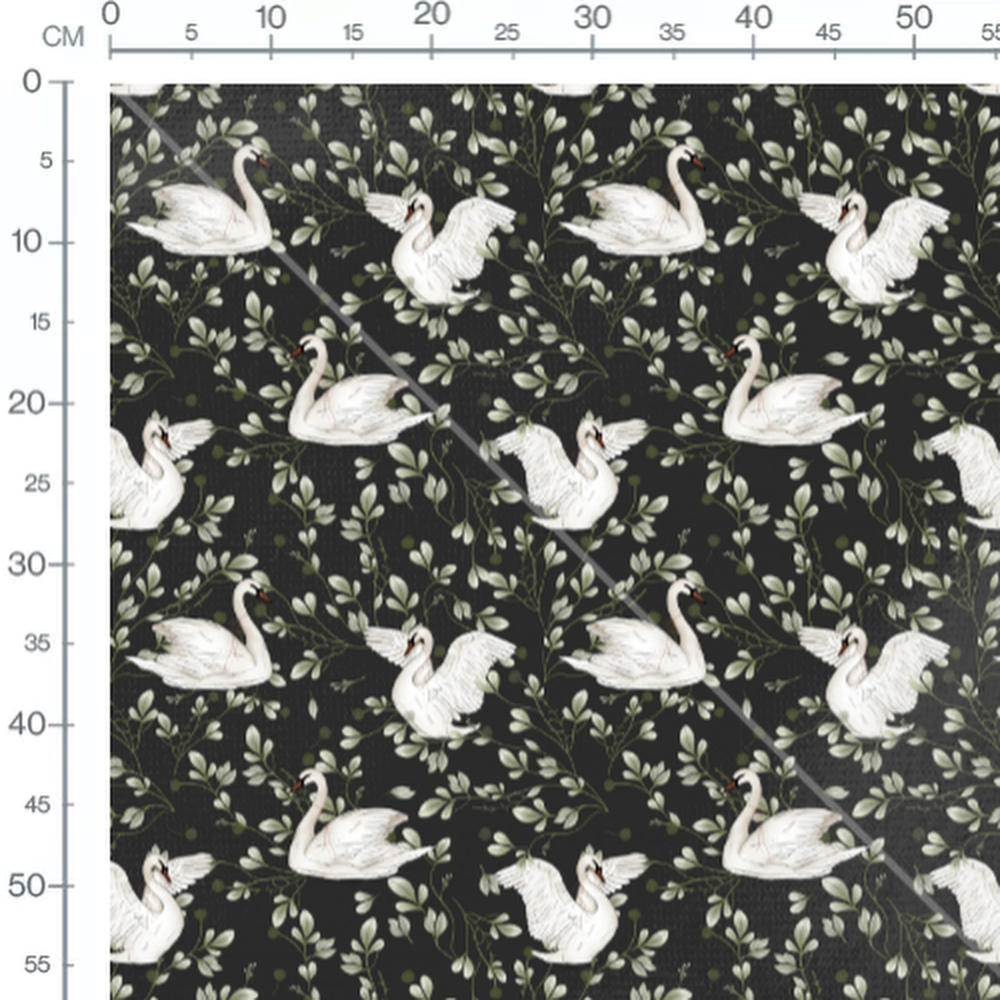 Tissu - Cygnes rouges et feuillages verts