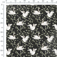 Tissu - Cygnes rouges et feuillages verts
