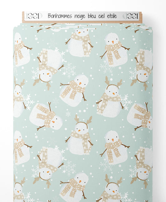 Tissu - Bonhommes neige bleu ciel étoilé