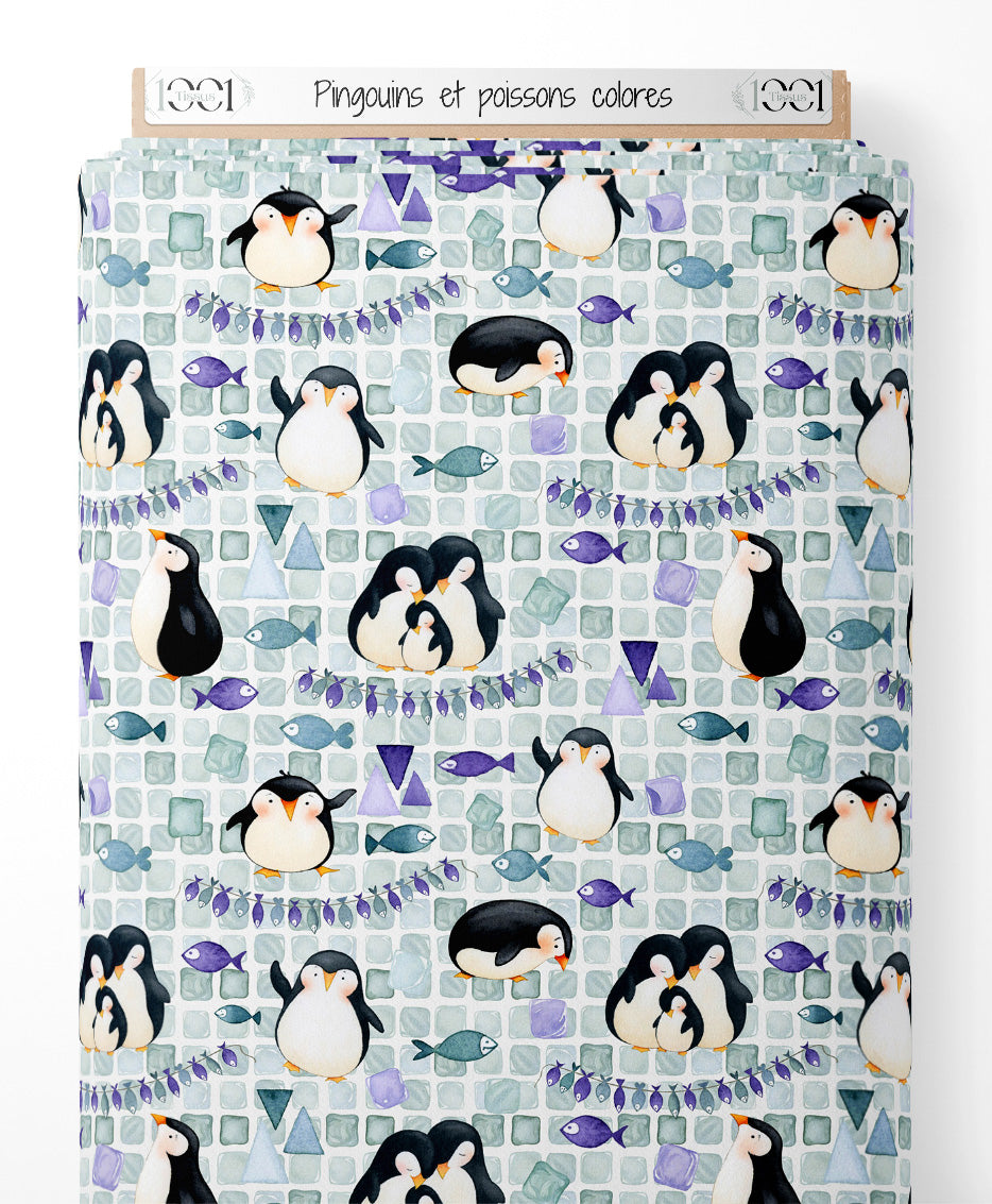 Tissu - Pingouins et poissons colorés