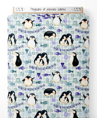 Tissu - Pingouins et poissons colorés