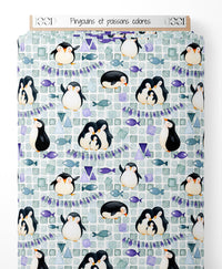 Tissu - Pingouins et poissons colorés