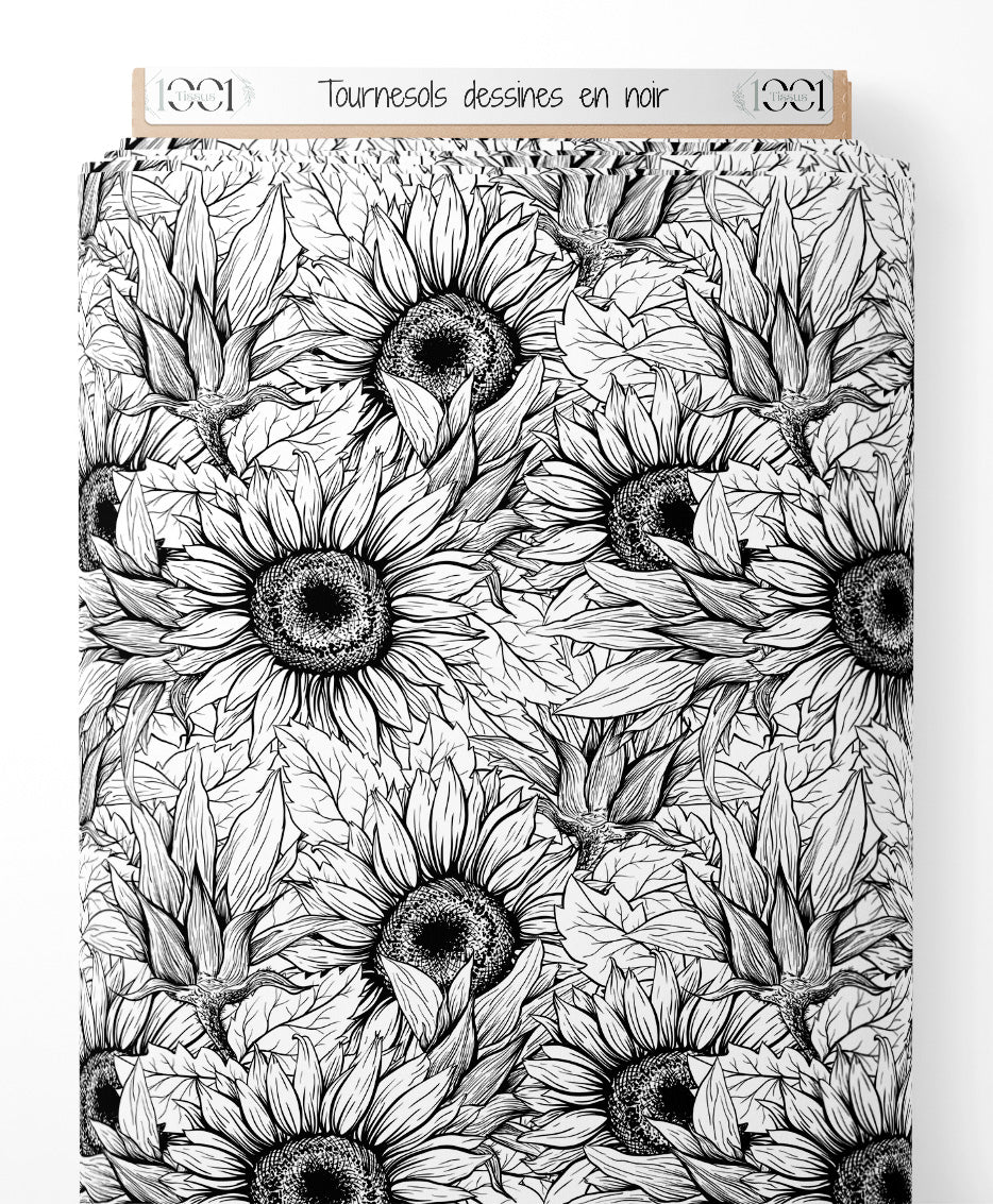 Tissu - Tournesols dessinés en noir