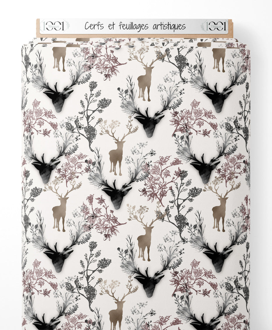 Tissu - Cerfs et feuillages artistiques