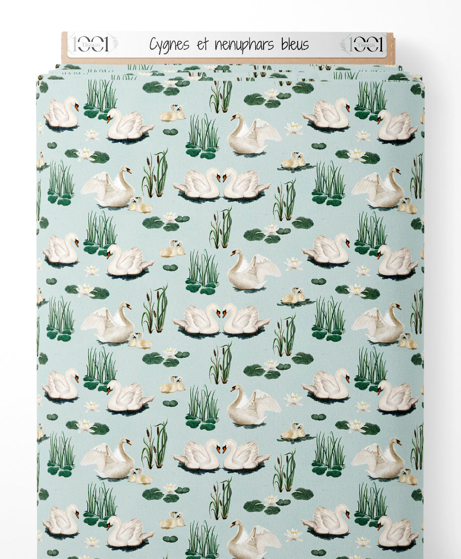 Tissu - Cygnes et nénuphars bleus