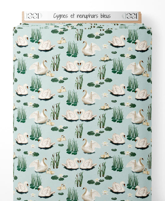 Tissu - Cygnes et nénuphars bleus