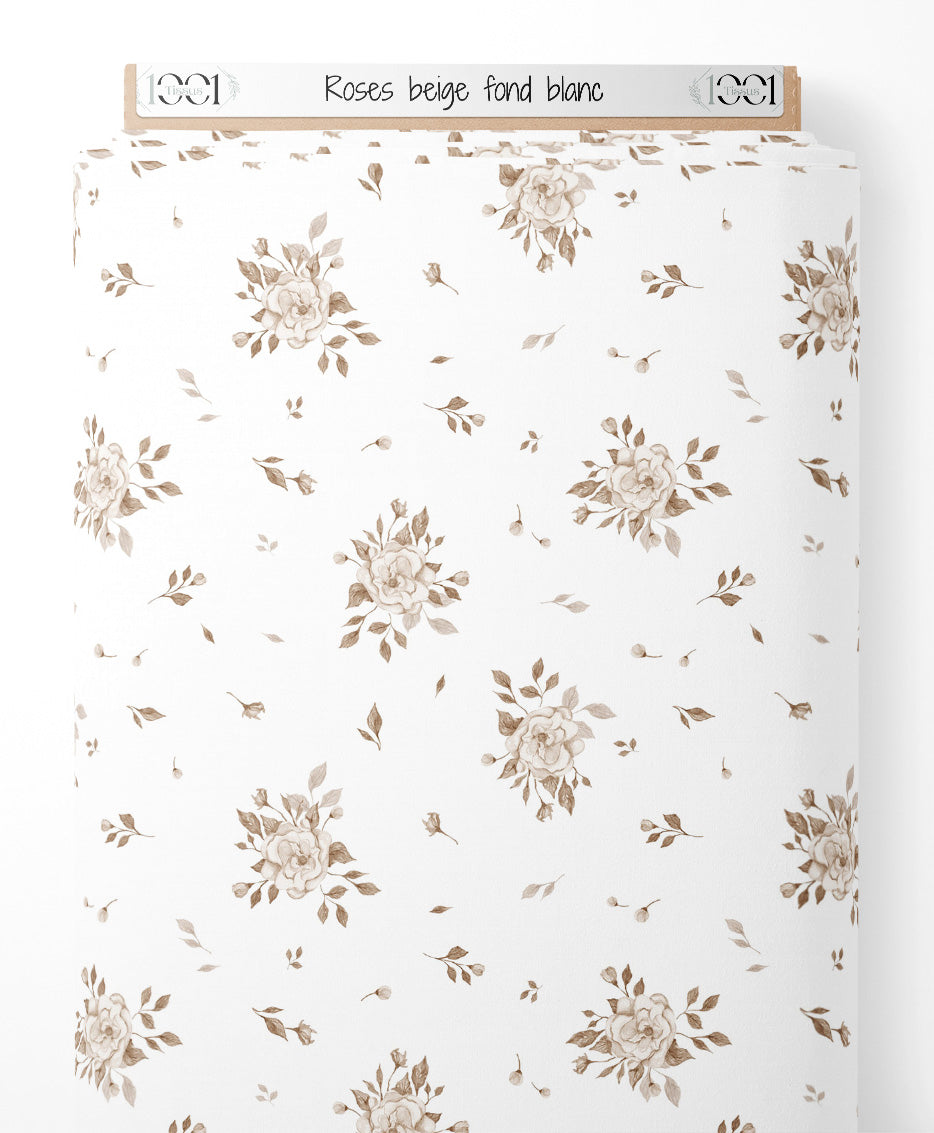 Tissu - Roses beige sur fond blanc