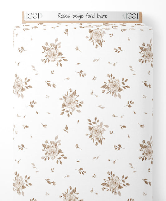 Tissu - Roses beige sur fond blanc