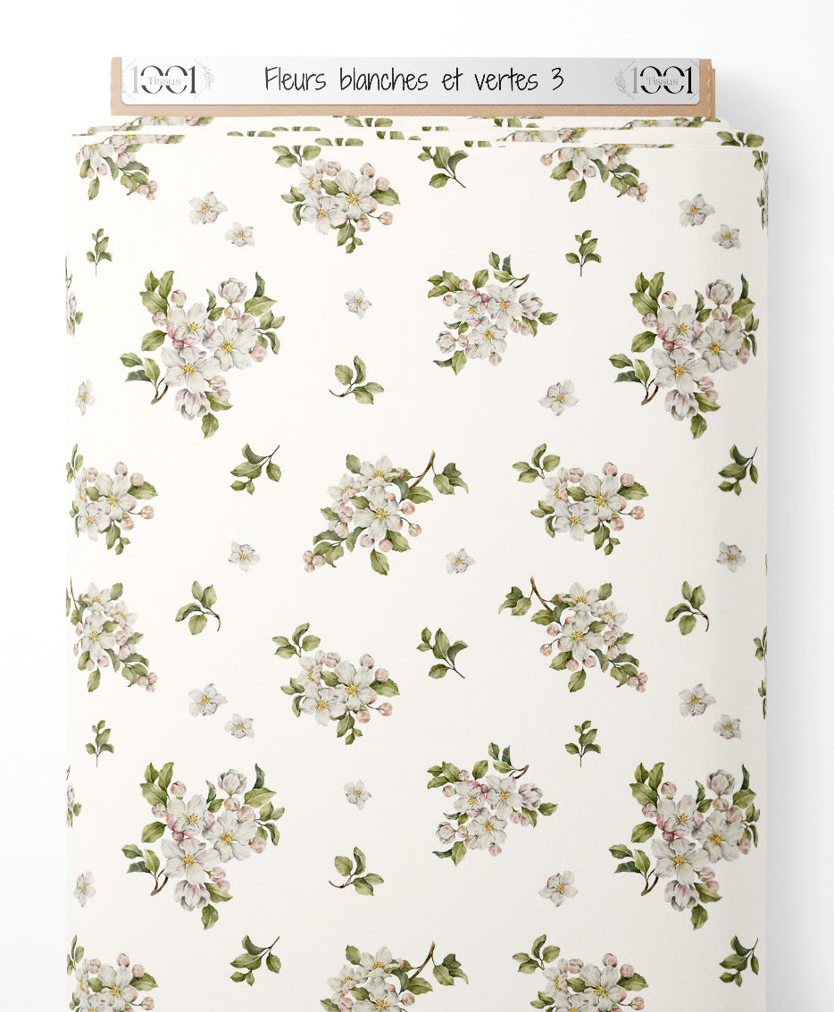Tissu - Fleurs blanches et vertes 3