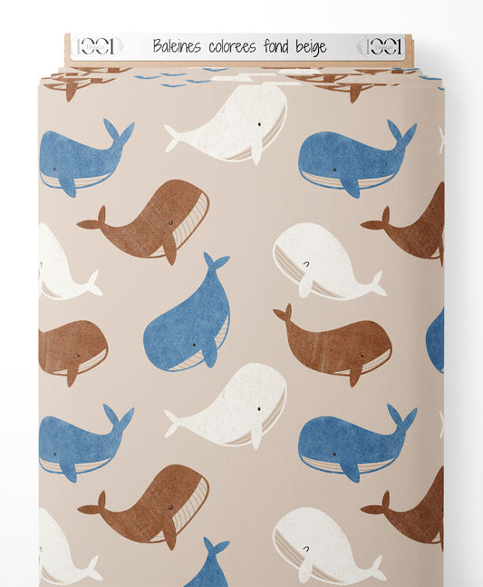 Tissu - Baleines colorées sur fond beige
