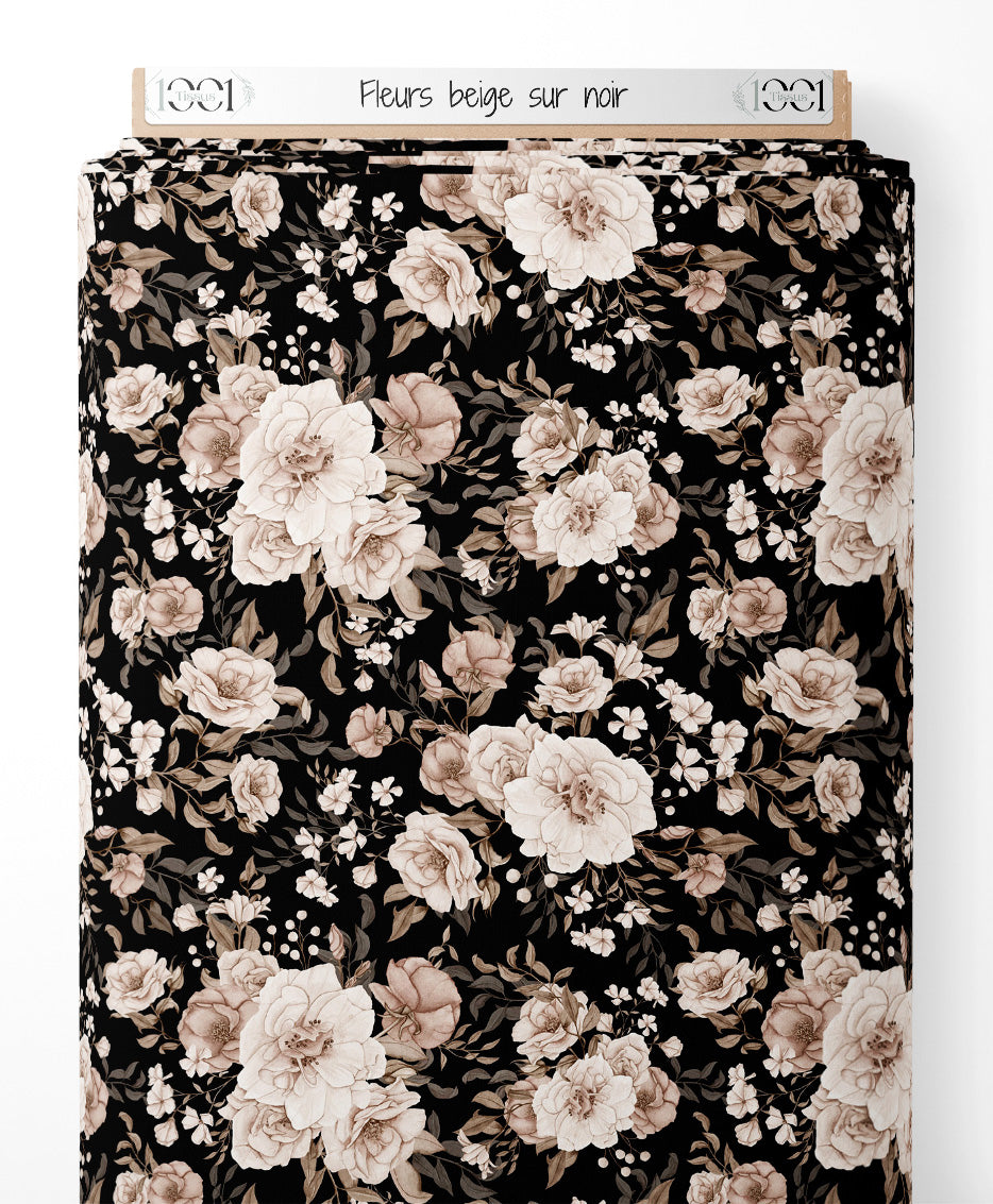 Tissu - Fleurs beige sur noir