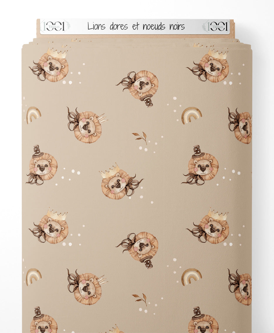 Tissu - Lions dorés et nœuds noirs