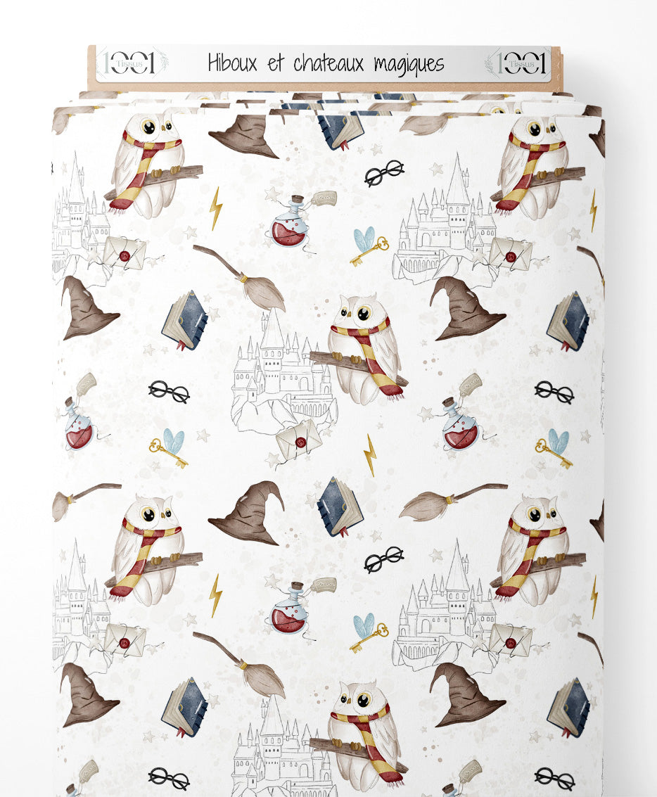 Tissu - Hiboux et châteaux magiques