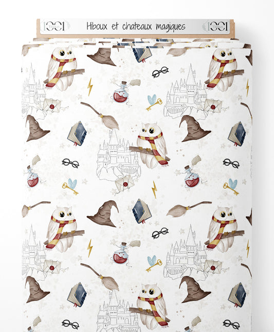 Tissu - Hiboux et châteaux magiques