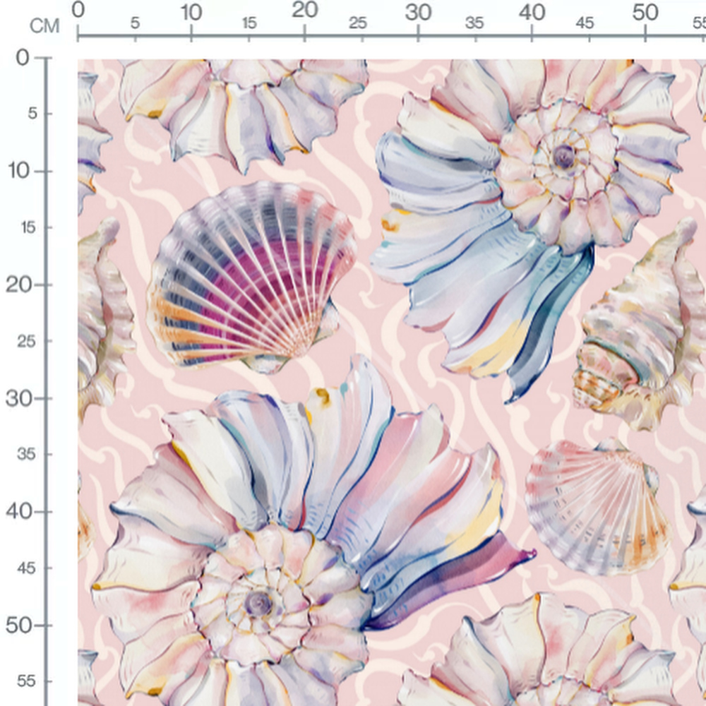 Tissu - Coquillages aquarelle fond rose