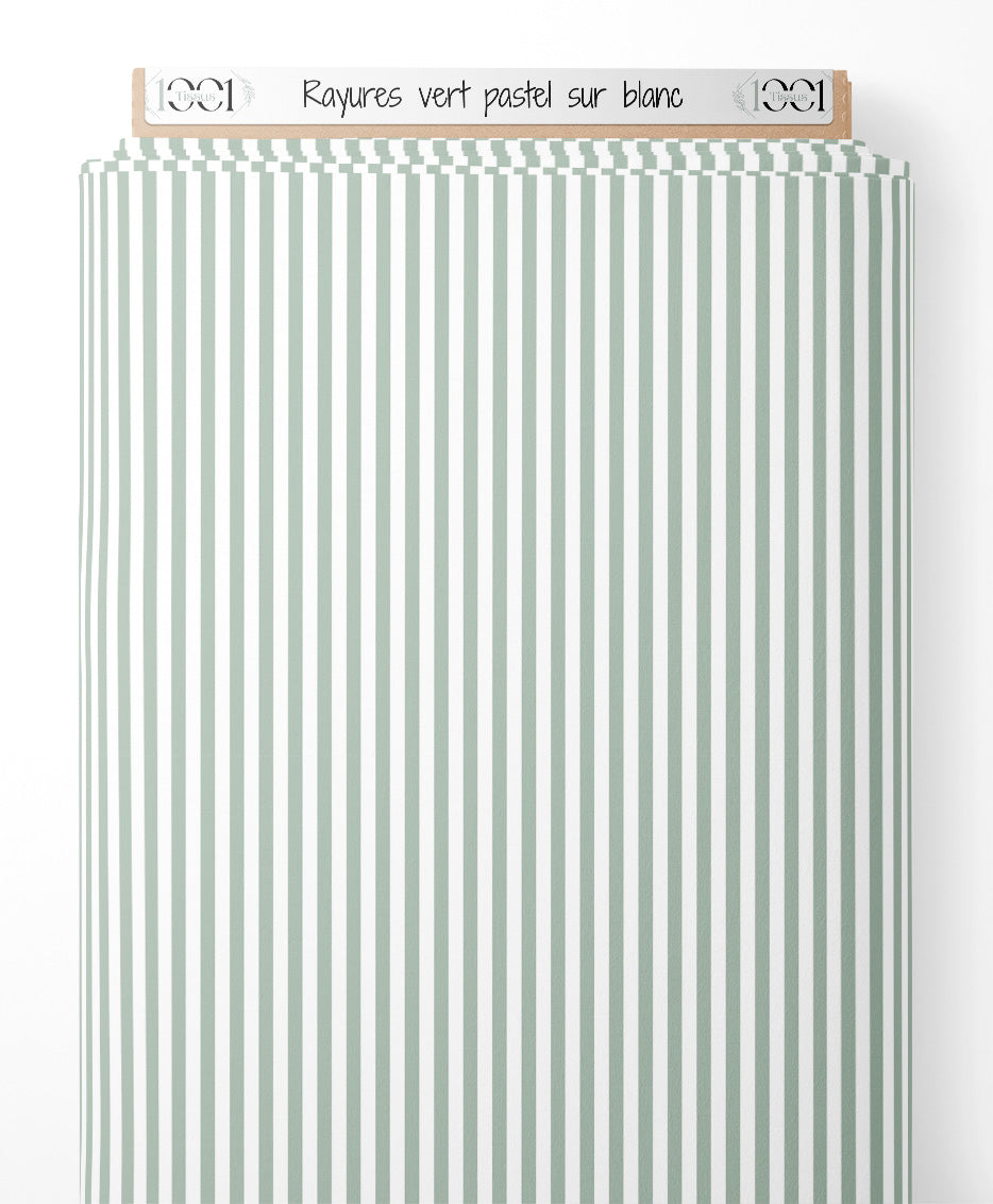 Tissu - Rayures vert pastel sur blanc