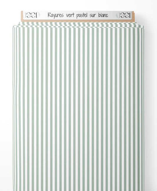 Tissu - Rayures vert pastel sur blanc
