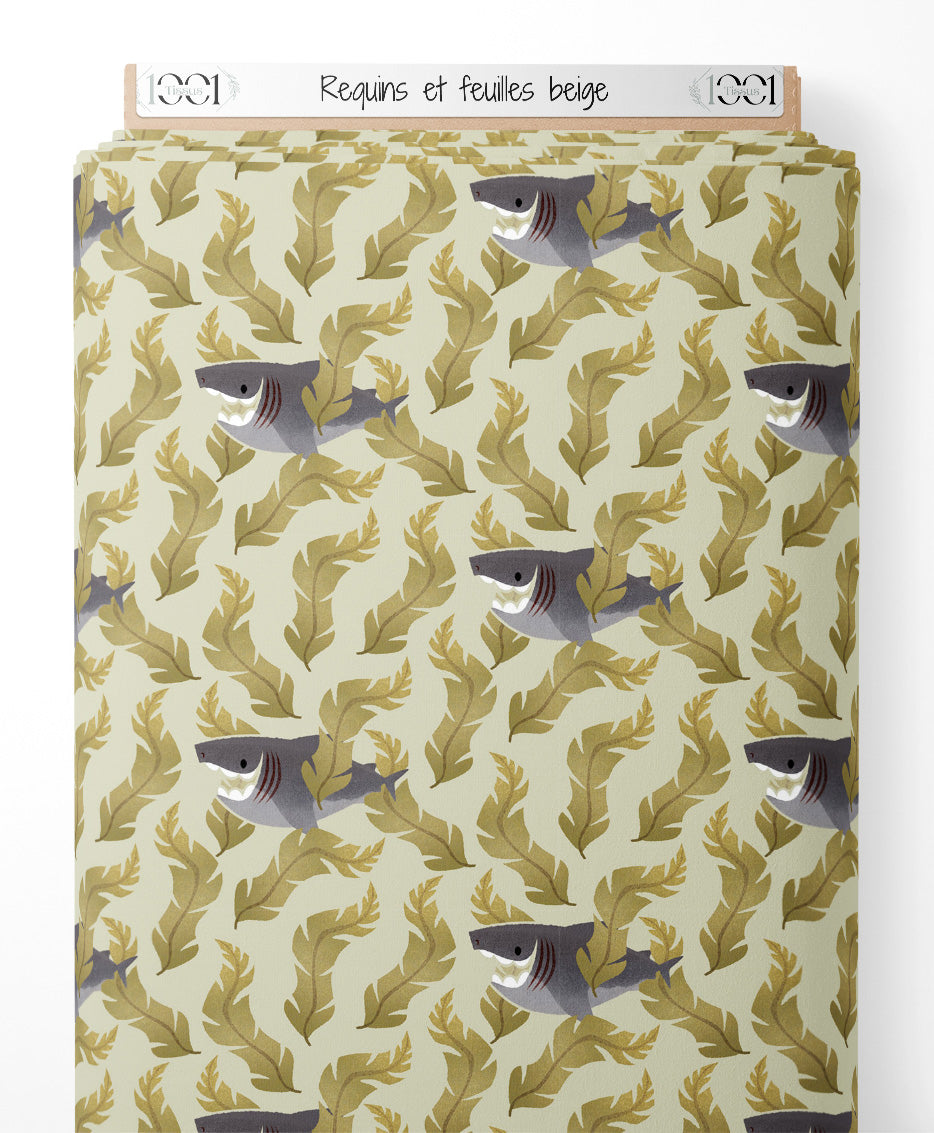 Tissu - Requins et feuilles beige