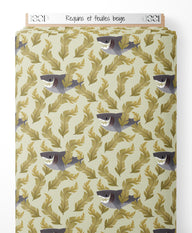Tissu - Requins et feuilles beige
