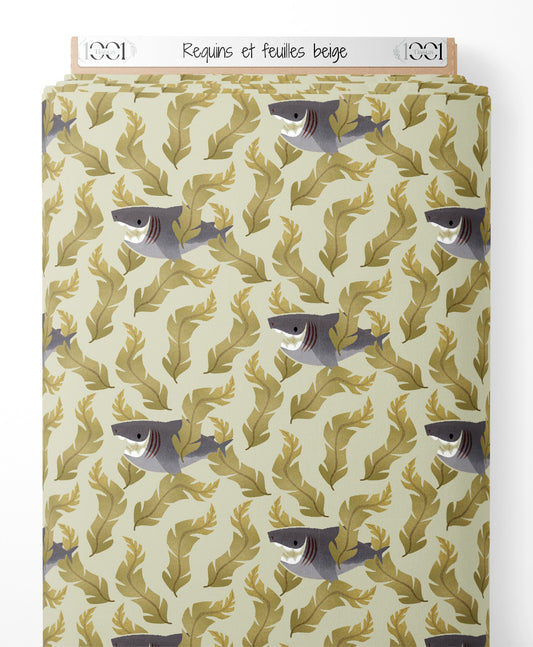 Tissu - Requins et feuilles beige