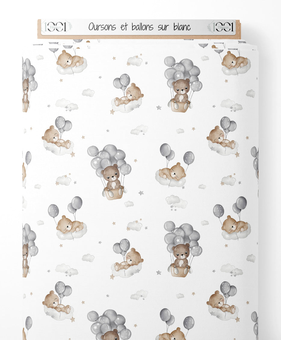 Tissu - Oursons et ballons sur blanc