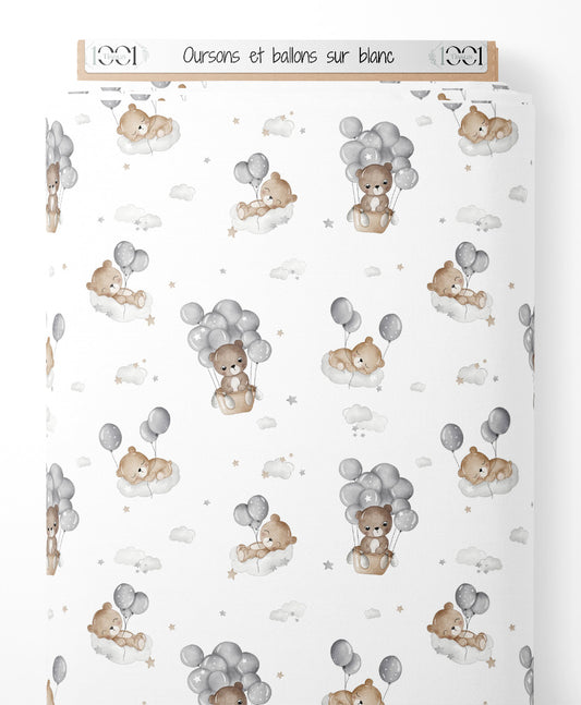 Tissu - Oursons et ballons sur blanc
