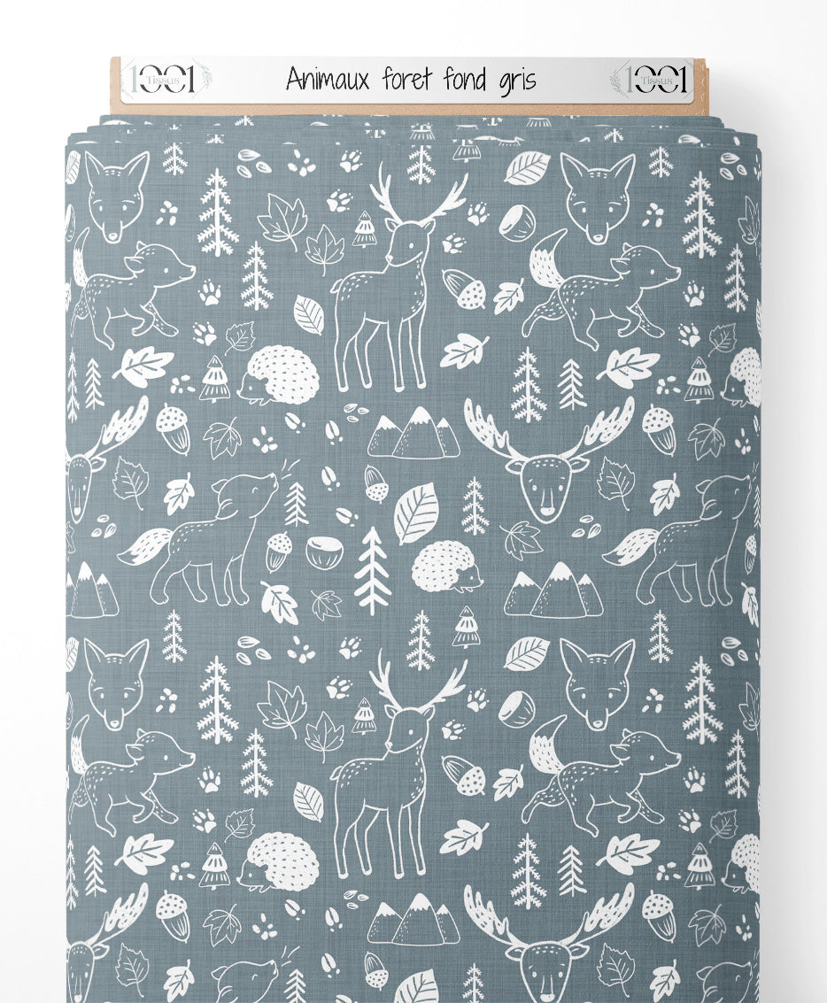 Tissu - Animaux forêt fond gris