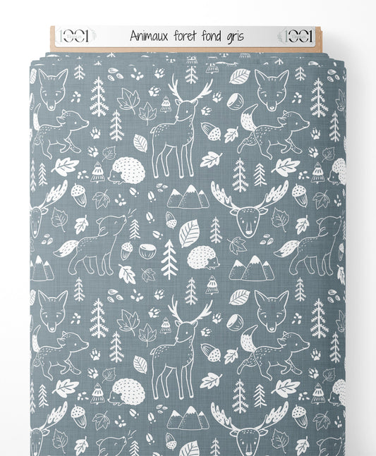Tissu - Animaux forêt fond gris